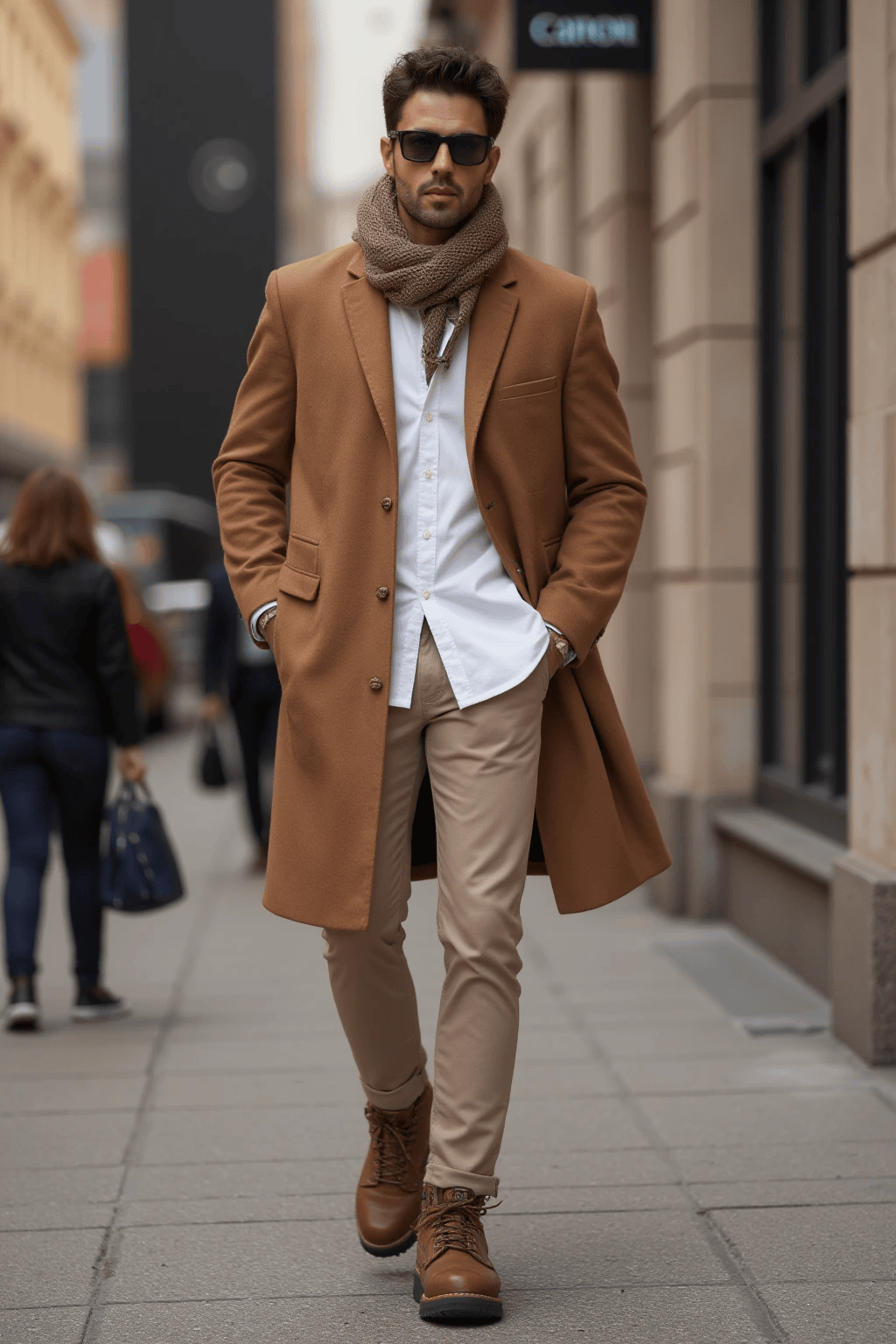 Elegancka stylizacja z butami trekkingowymi - płaszcz oversize, spodnie chino