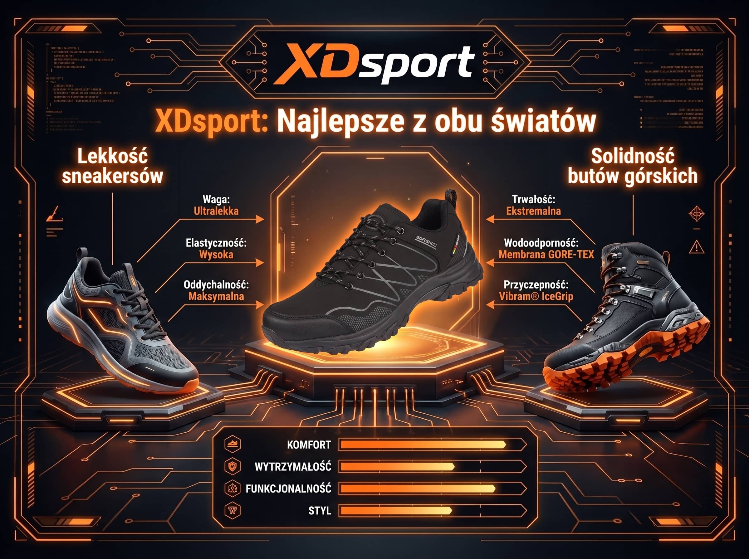 Ikonografika porównująca sneakersy, buty trekkingowe z softshellu i ciężkie buty górskie